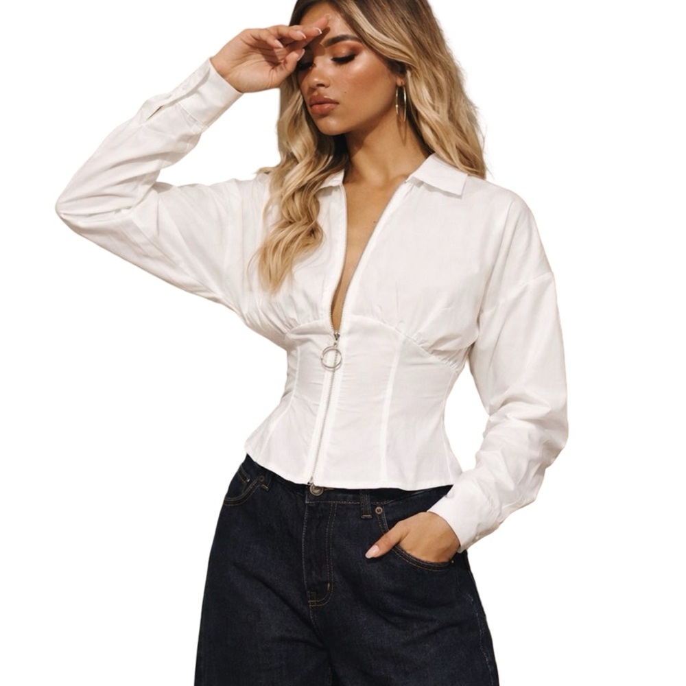 PrettyLittleThing White Corset Zip Shirt Top